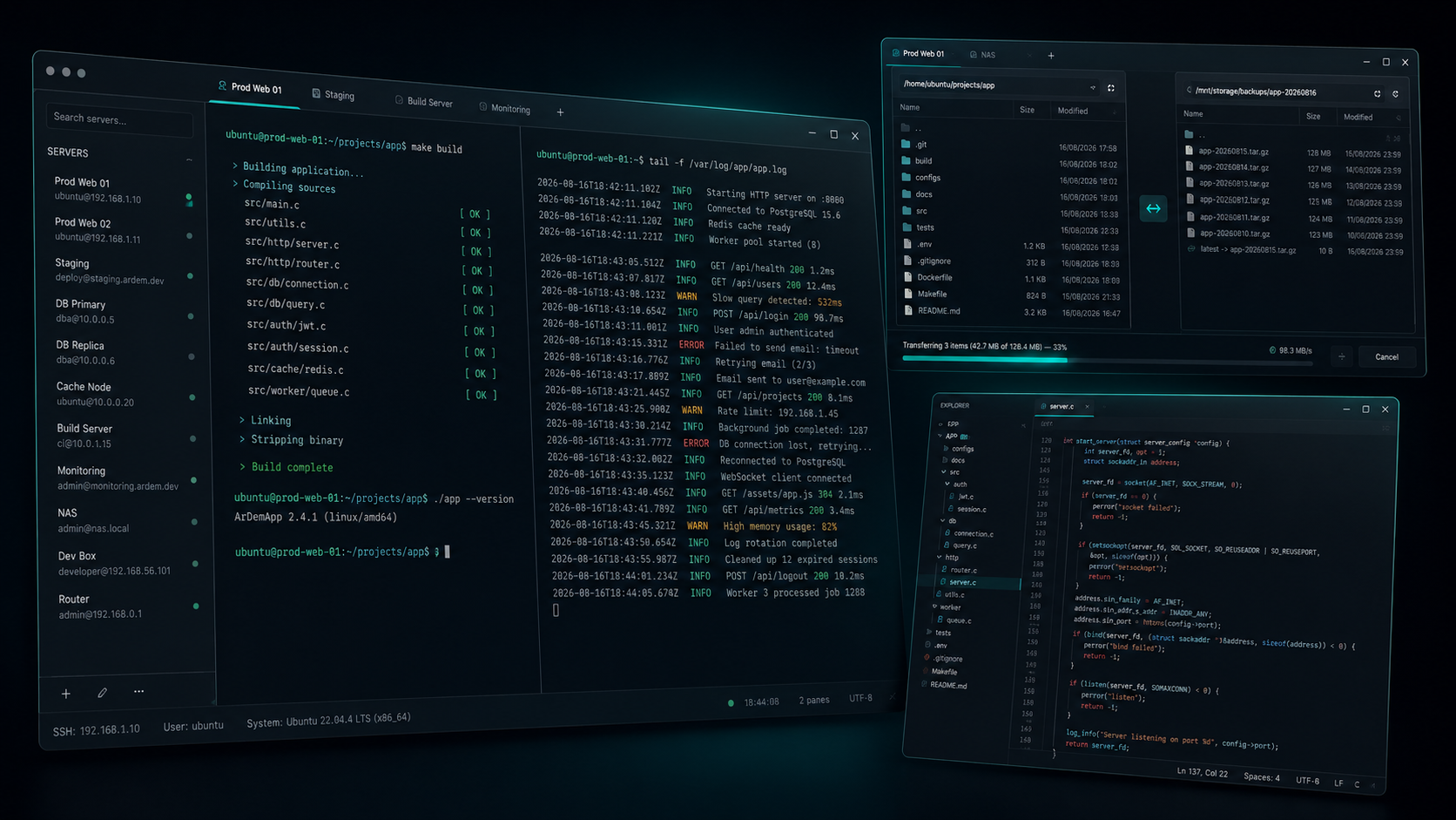 ArDem terminal, file transfer and code editor windows